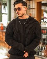 Мужской Вязаный Теплый Черный Свитер - Шерстяной Объемный Оверсайз