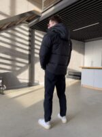 Мужская Водоотталкивающая Зимняя Черная Куртка с Капюшоном на Затяжках