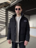 Мужская Водоотталкивающая Зимняя Черная Куртка с Капюшоном на Затяжках