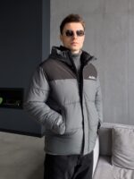 Мужская Водоотталкивающая Зимняя Темно-Серая Куртка с Капюшоном и Черной Вставкой