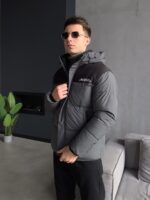 Мужская Водоотталкивающая Зимняя Темно-Серая Куртка с Капюшоном и Черной Вставкой