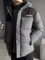 Мужская Водоотталкивающая Зимняя Темно-Серая Куртка с Капюшоном и Черной Вставкой