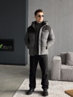Мужская Водоотталкивающая Зимняя Темно-Серая Куртка с Капюшоном и Черной Вставкой