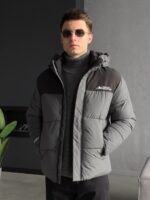 Мужская Водоотталкивающая Зимняя Темно-Серая Куртка с Капюшоном и Черной Вставкой