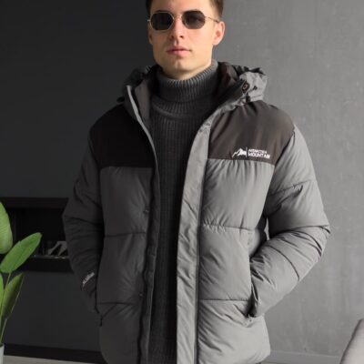 Мужская Водоотталкивающая Зимняя Темно-Серая Куртка с Капюшоном и Черной Вставкой