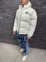 Мужская Зимняя Лаковая Белая Куртка - Дутая с Капюшоном и Манжетами на Резинках