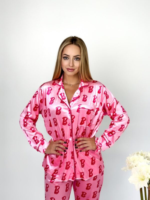 Женская Велюровая Розовая Пижама в Принт Барби (Рубашка + Штаны)