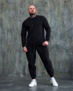 Мужской Плюшевый Черный Спортивный Костюм Мягкий с Манжетами - Свитшот + Джоггеры