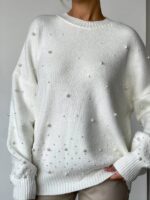 Женский Объемный Белый Свитер Джемпер из Мягкой Пряжи с Бусинами Жемчужинами