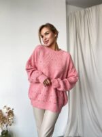 Женский Объемный Розовый Свитер Джемпер из Мягкой Пряжи с Бусинами Жемчужинами