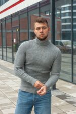 Мужской Шерстяной Теплый Серый Свитер Гольф - Базовый с Двойным Горлом