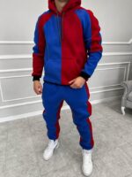 Мужской Утепленный Красно-Синий Спортивный Костюм Худи и Штаны на Флисе
