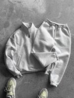 Мужской Плотный Спортивный Костюм Светло-Серый Меланж Трехнитка на Флисе - Свитшот под Горло + Штаны Джоггеры