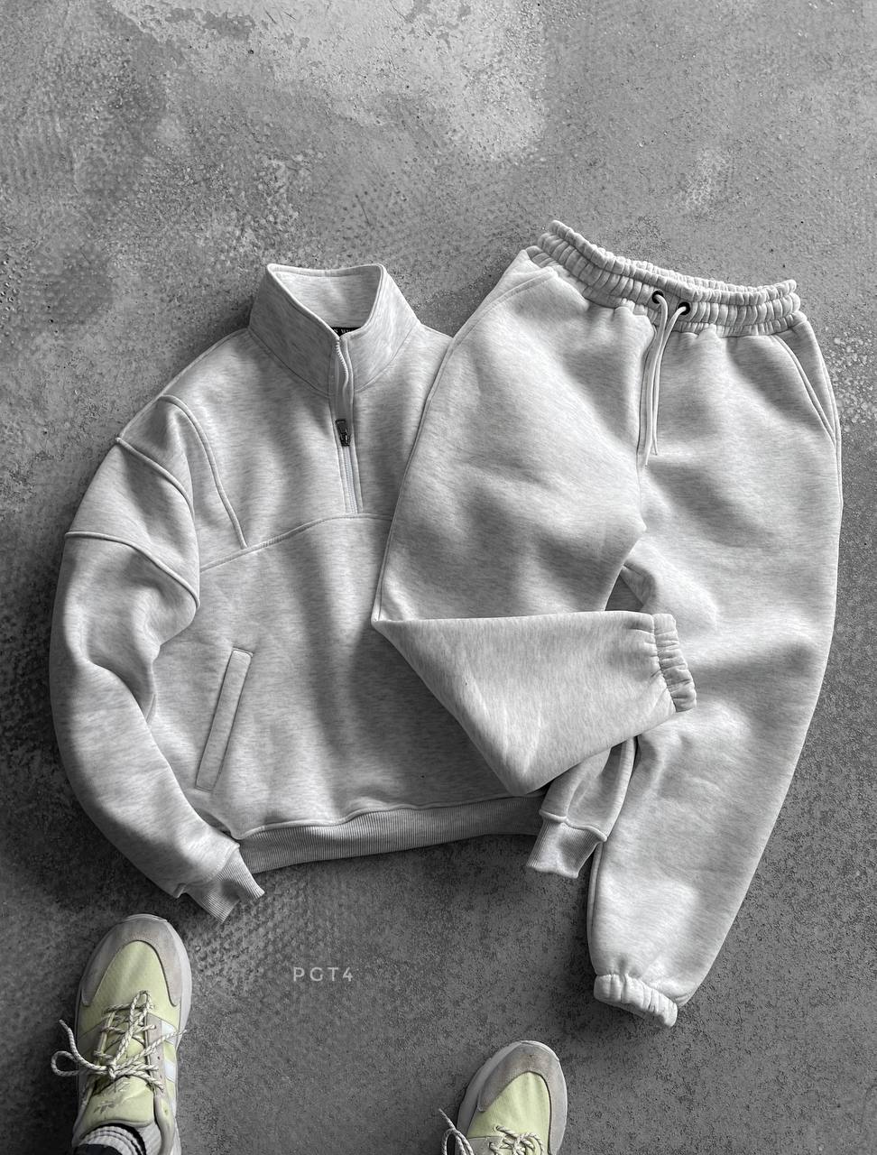 photo_2023-11-24_08-56-07 Мужской Плотный Спортивный Костюм Светло-Серый Меланж Трехнитка на Флисе - Свитшот под Горло + Штаны Джоггеры