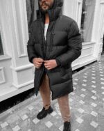 Мужская Удлиненная Зимняя Черная Куртка на Молнии - Теплая Простроченная под Горло с Капюшоном 