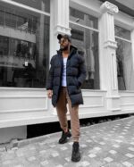 Мужская Удлиненная Зимняя Черная Куртка на Молнии - Теплая Простроченная под Горло с Капюшоном 