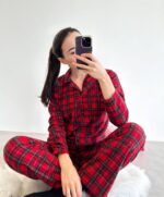 Женская Теплая Флисовая Клетчатая Красная Пижама - Рубашка + Штаны
