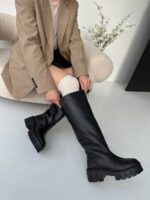 Женские Высокие Кожаные Черные Сапоги ЕвроЗима на Тракторной Подошве