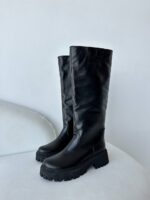 Женские Демисезонные Высокие Кожаные Черные Сапоги Трубы на Байке
