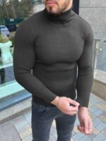 Мужской Шерстяной Антрацитовый Гольф в Рубчик с Двойным Воротником