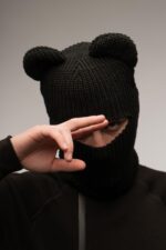 Мужская Теплая Вязаная Черная Балаклава с Медвежьими Ушами