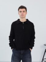 Мужская Теплая Вязаная Черная Кофта с Воротником Поло на Замке