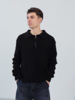 Мужская Теплая Вязаная Черная Кофта с Воротником Поло на Замке