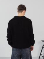 Мужская Теплая Вязаная Черная Кофта с Воротником Поло на Замке