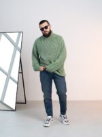 Мужской Теплый Вязаный Зеленый Свитер Оверсайз - Объемный с Двойным Воротником под Горло