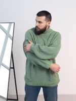 Мужской Теплый Вязаный Зеленый Свитер Оверсайз - Объемный с Двойным Воротником под Горло