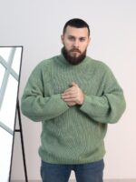 Мужской Теплый Вязаный Зеленый Свитер Оверсайз - Объемный с Двойным Воротником под Горло