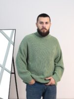 Мужской Теплый Вязаный Зеленый Свитер Оверсайз - Объемный с Двойным Воротником под Горло