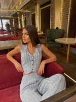 Женский Серый Костюм Комплект в Полоску - Жилет на Пуговицах + Брюки