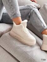 Женские Зимние Бежевые Кроссовки с Мехом Внутри - Теплые Высокие на Толстой Подошве