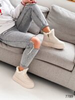 Женские Зимние Бежевые Кроссовки с Мехом Внутри - Теплые Высокие на Толстой Подошве