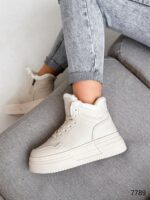 Женские Зимние Бежевые Кроссовки с Мехом Внутри - Теплые Высокие на Толстой Подошве