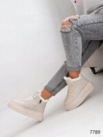 Женские Зимние Бежевые Кроссовки с Мехом Внутри - Теплые Высокие на Толстой Подошве