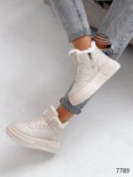 Женские Зимние Бежевые Кроссовки с Мехом Внутри - Теплые Высокие на Толстой Подошве