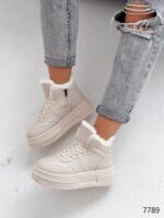 Женские Зимние Бежевые Кроссовки с Мехом Внутри - Теплые Высокие на Толстой Подошве