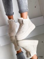 Женские Зимние Бежевые Кроссовки с Мехом Внутри - Теплые Высокие на Толстой Подошве