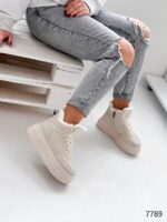 Женские Зимние Бежевые Кроссовки с Мехом Внутри - Теплые Высокие на Толстой Подошве