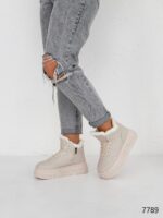 Женские Зимние Бежевые Кроссовки с Мехом Внутри - Теплые Высокие на Толстой Подошве