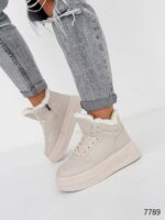 Женские Зимние Бежевые Кроссовки с Мехом Внутри - Теплые Высокие на Толстой Подошве