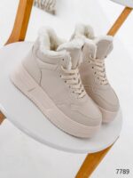 Женские Зимние Бежевые Кроссовки с Мехом Внутри - Теплые Высокие на Толстой Подошве