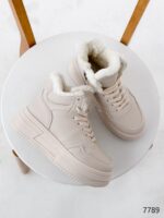 Женские Зимние Бежевые Кроссовки с Мехом Внутри - Теплые Высокие на Толстой Подошве