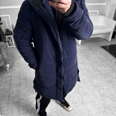 Мужская Зимняя Матовая Темно-Синяя Парка - Удлиненная Куртка с Капюшоном