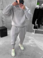 Мужской Серый Костюм Худи и Штаны - Теплый на Флисе с Декоративными Швами Наизнанку