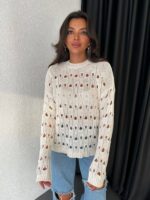 Женская Вязаная Ажурная Бежевая Кофта - Свободная с Круглым Вырезом в Крупных Дырочках