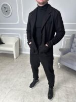 Мужской Классический Плотный Черный Костюм - Пиджак на Пуговице + Штаны с Манжетами