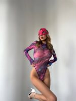 Женское Фиолетовое Боди из Сеточки в Принт с Рукавами